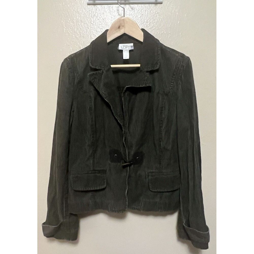 Loft Olive Green Corduroy‎ Blazer Toggle Elbow Patches Jacket Pleat Womens Sz 14